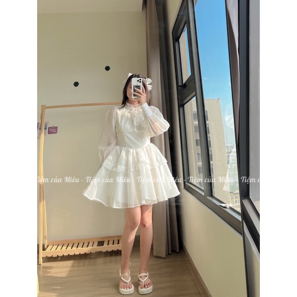 [𝗣𝗲𝗼𝗻𝘆 𝗱𝗿𝗲𝘀𝘀] Váy liền cổ V dài tay chân váy tầng tiểu thư