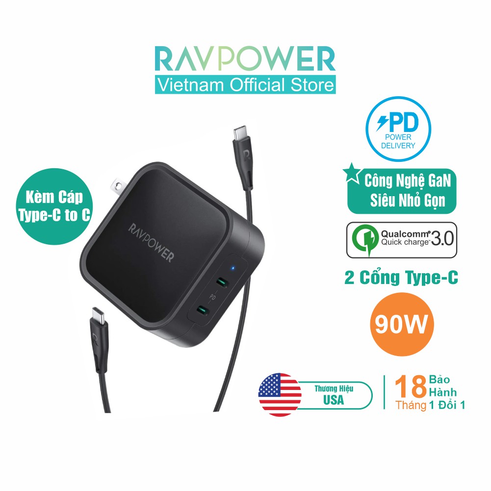 Củ Sạc RAVPower RP-PC128 PD 90W Công Nghệ GaN 2 Cổng Type-C Sạc Macbook, Smartphone, Tablet, Laptop - Hàng Chính Hãng