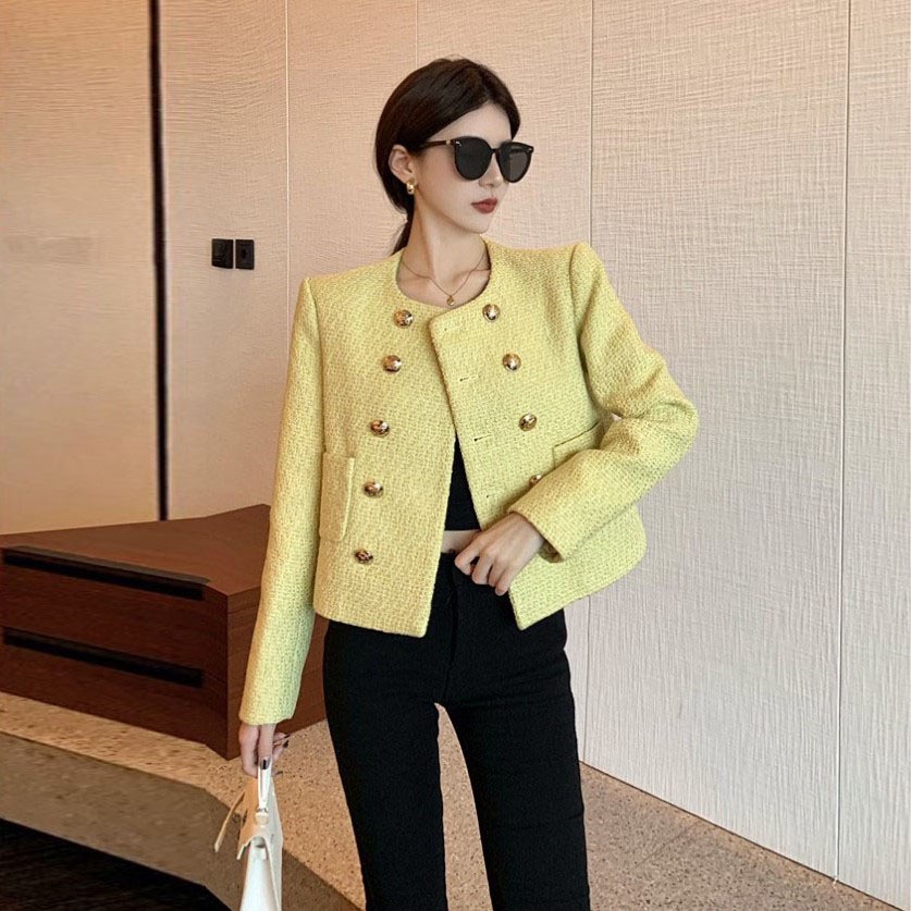 Áo khoác dạ tweed 2 hàng cúc cổ tròn sang trọng công sở