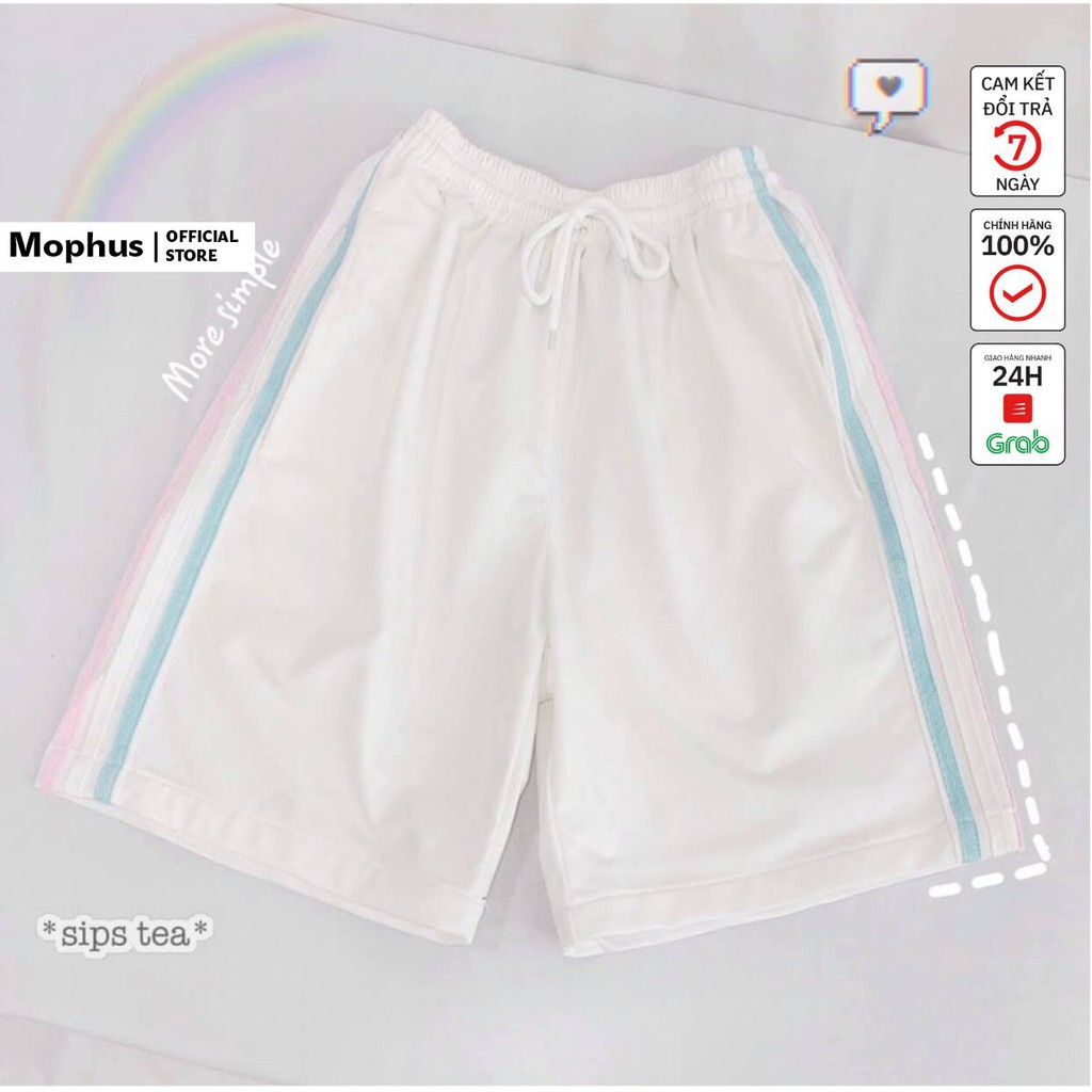 Quần short đùi 3 sọc rainbow Mophus shorts ống rộng cạp chun trơn màu đen, trắng, xanh
