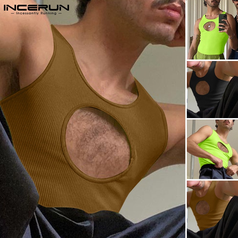 Áo thun ba lỗ INCERUN cổ tròn không tay màu trơn khoét lỗ thời trang cho nam