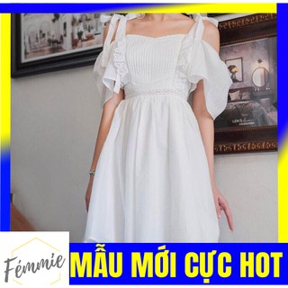 [SALE SỐC] ĐẦM HOTGIRL GIÁ RẺ - Đầm trắng dáng xòe tay rớt vai thắt nơ xếp li ngực - Thời trang hotgirl thiết kế cao cấp