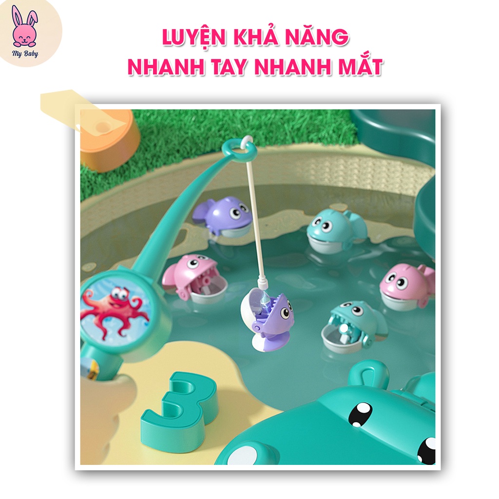 Câu cá điện cho bé 45 con cá, đi kèm 2 cần câu nam châm, 1 cân và bộ phép tính, Tặng kèm 3 pin AA, Mybaby