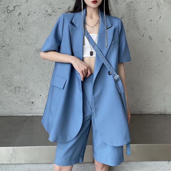 Bộ Trang Phục 2 Món Gồm Áo Khoác blazer Dáng Rộng Màu Xanh Dương Và Quần Ngắn Thời Trang Mùa Hè Cho Nữ