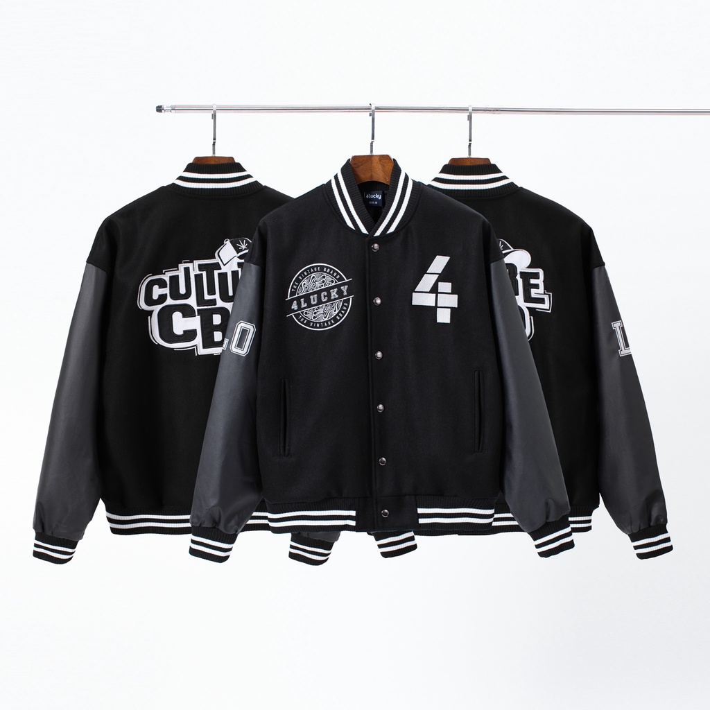 Áo khoác bomber varsity unisex 4lucky 6101, form rộng phối tay da chất mịn