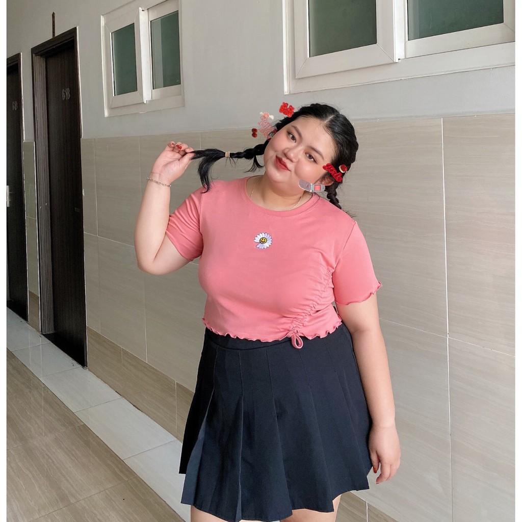 Áo croptop nữ rút dây bigsize họa tiết hoa cúc mặt cười, áo thun borip cao cấp dày dặn