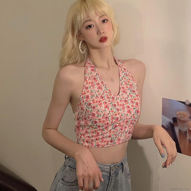 Áo croptop chiffon họa tiết hoa phối dây buộc thời trang Hàn Quốc gợi cảm cho nữ