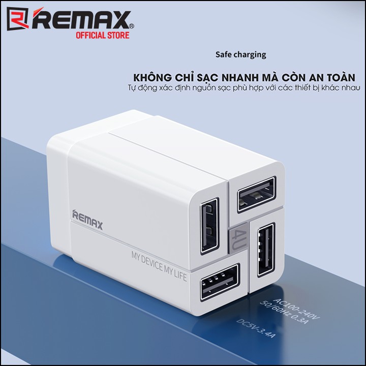 Cốc Sạc 4 cổng USB, Remax Wanfu RP-U43, max 3.4A, Củ Sạc Nhanh Đa Năng