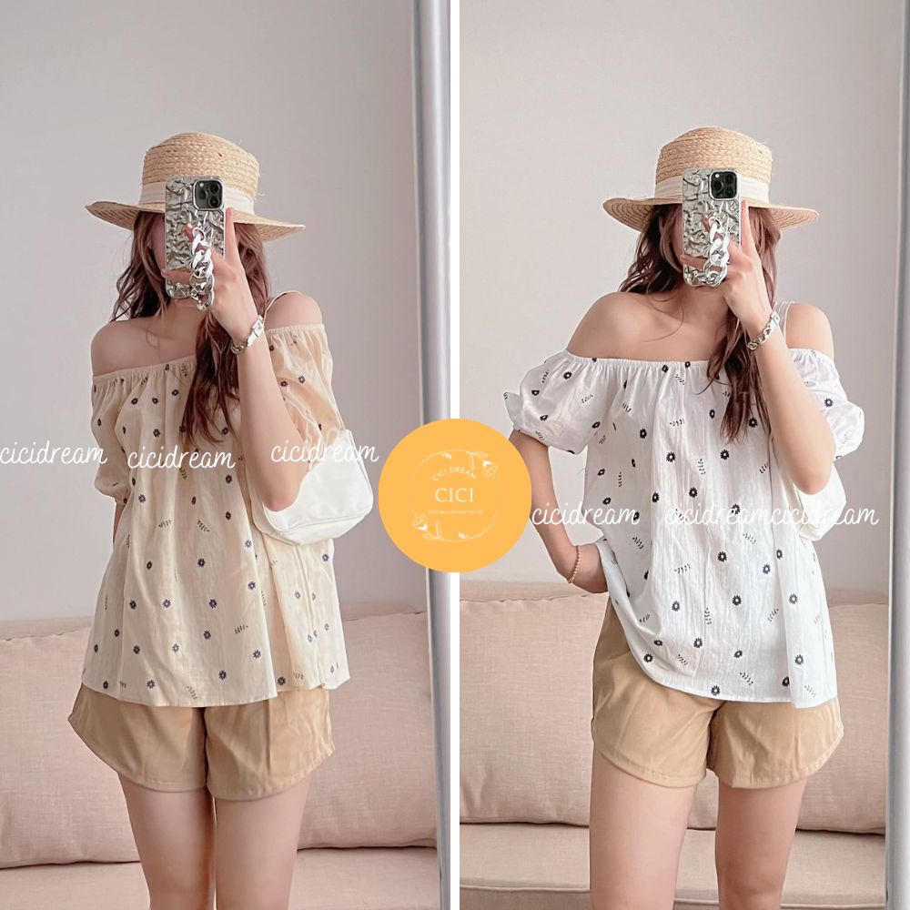 Áo sơ mi trễ vai hoa nhí 2 màu trắng và be chất vải thô xước hot hít - SMTV02