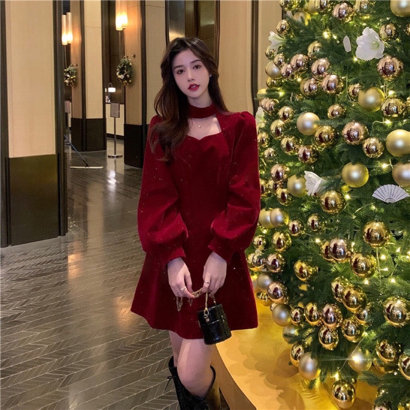 VÁY NHUNG CỔ CHOKER XOÈ MÀU ĐỎ - ĐEN | BigBuy360 - bigbuy360.vn