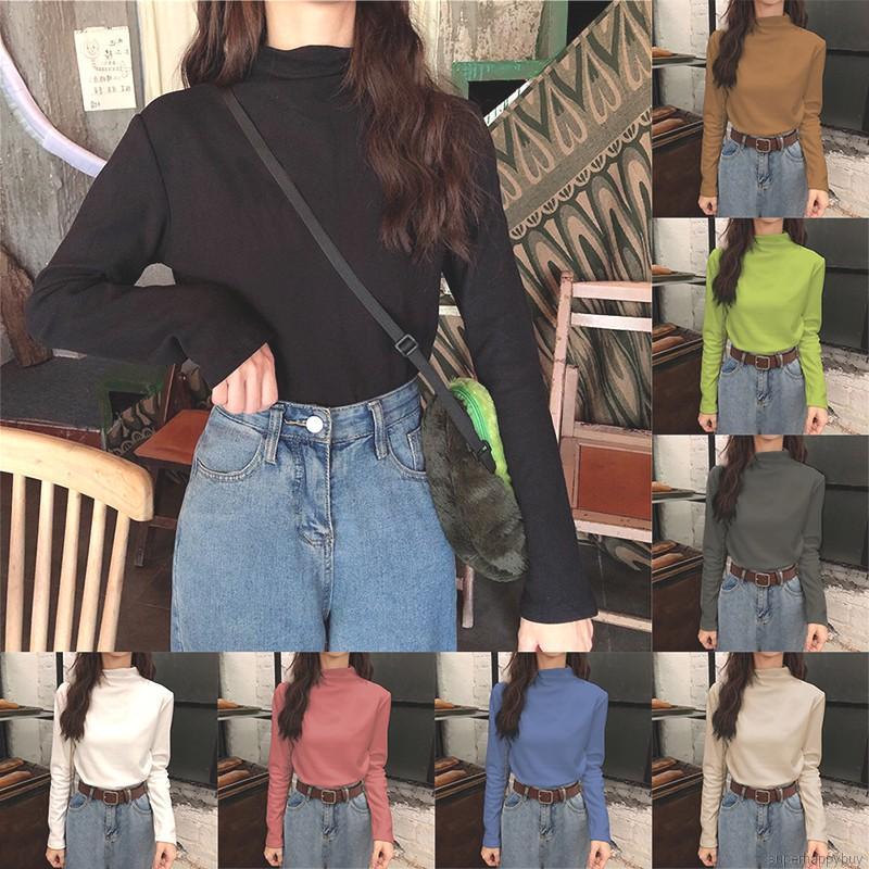 Áo Thun Cổ Lọ Màu Trơn Thiết Kế Tôn Dáng Dành Cho Nữ