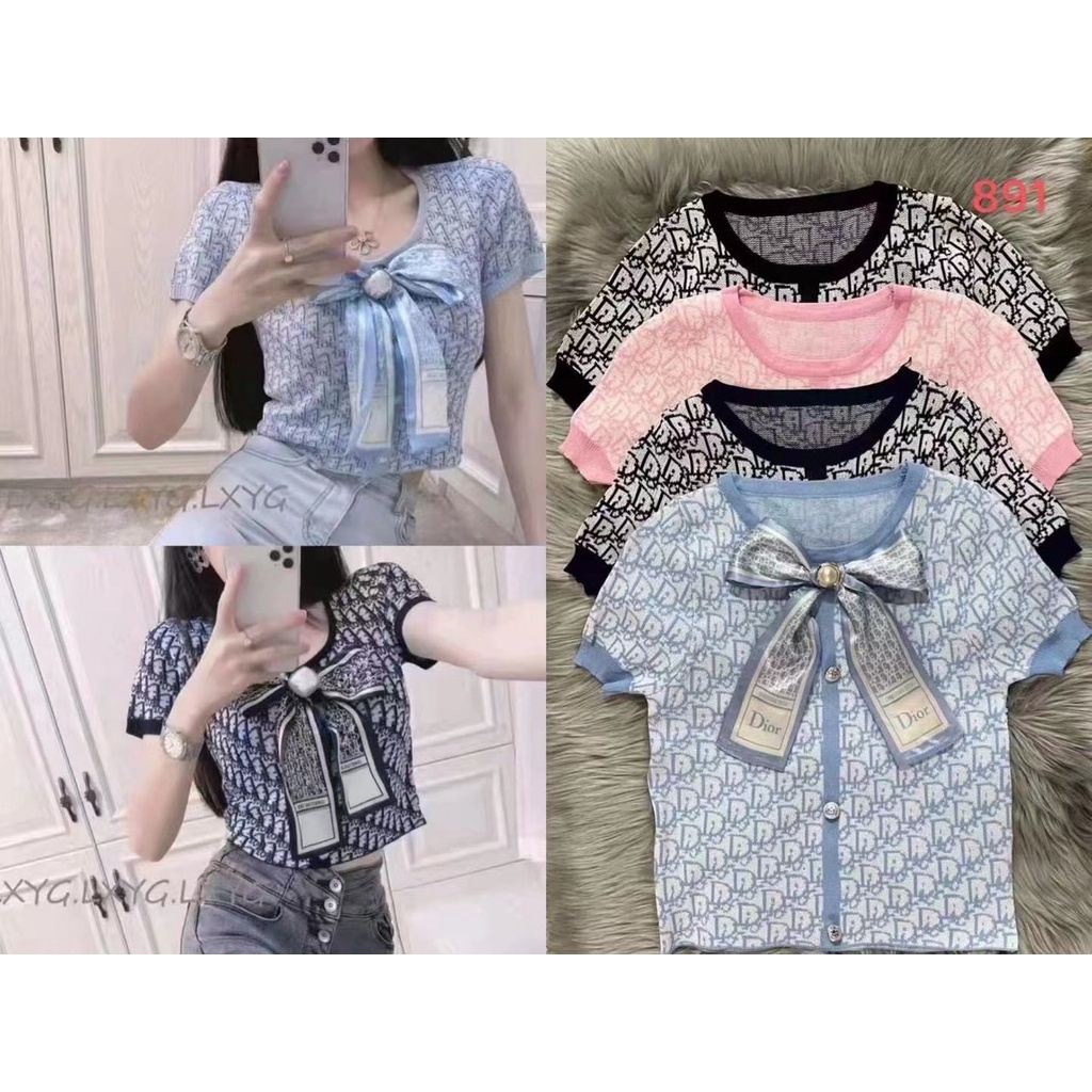 Len dệt kim tay ngắn dior gắn nơ
