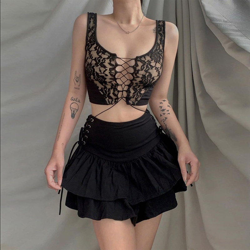 Xiangbao Nice Áo Crop Top Hai Dây Jacquard Cổ Chữ U Buộc Dây Gợi Cảm