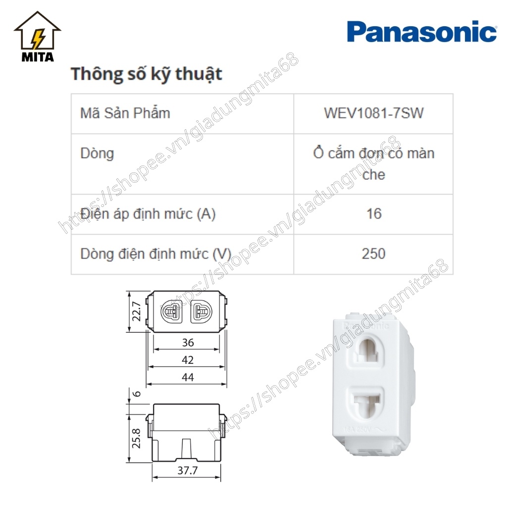 Hạt ổ cắm Panasonic Wide - Ổ cắm đơn 2 chấu 1081-7SW - Ổ cắm đôi 3 chấu WEV1582-7SW - MITA