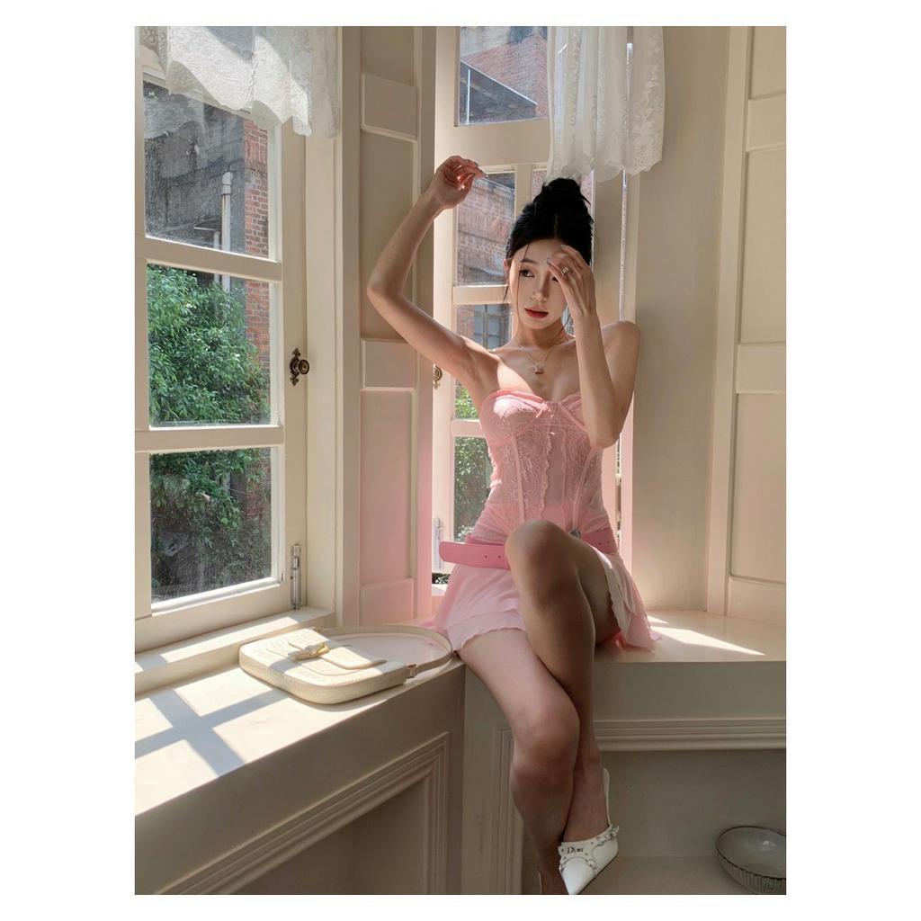 Set ren hồng áo corset cúp ngực + chân váy xòe tầng quyến rũ gợi cảm Strive