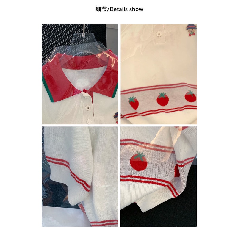 Áo thun tay ngắn dệt kim dáng ngắn cổ polo hoạ tiết dâu tây phong cách phương Tây thời trang mùa hè 2022 cho nữ