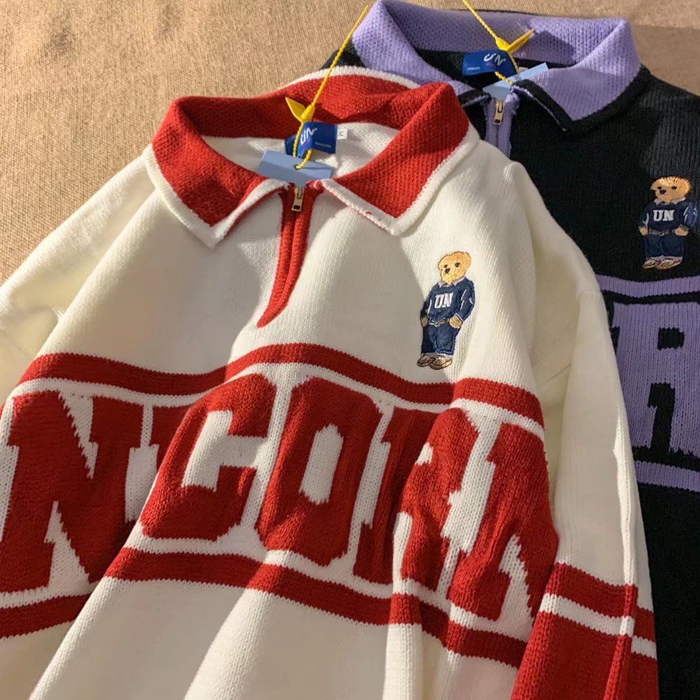 Áo sweater tay dài cổ polo dáng rộng phong cách cổ điển Nhật Bản thời trang