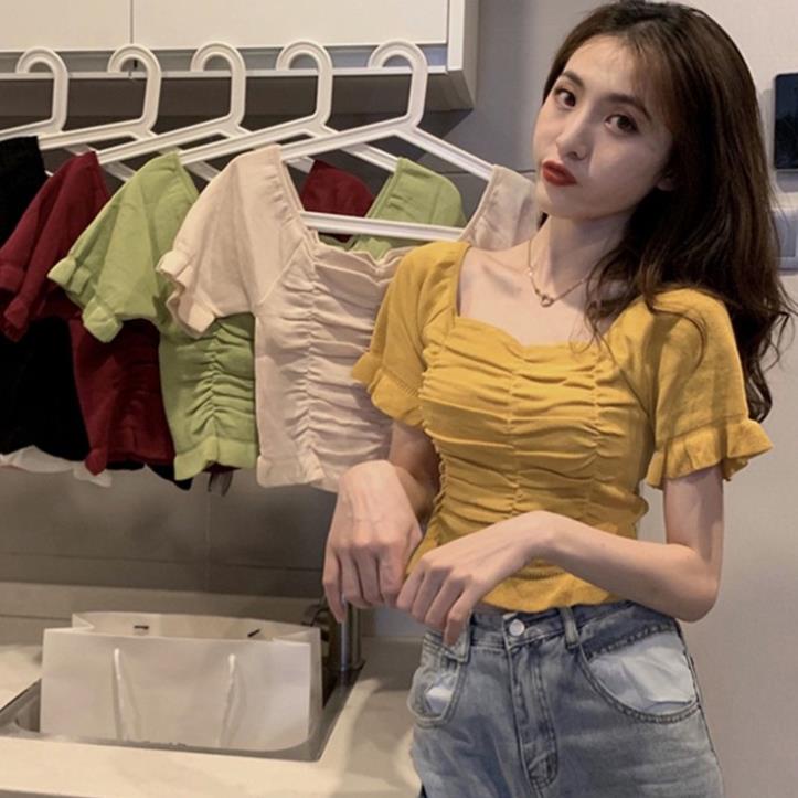 Áo croptop áo kiểu nữ đẹp dáng ôm tay bồng hở vai màu trắng đen hồng cổ vuông sang chảnh thời trang bánh bèo 2020 ྇
