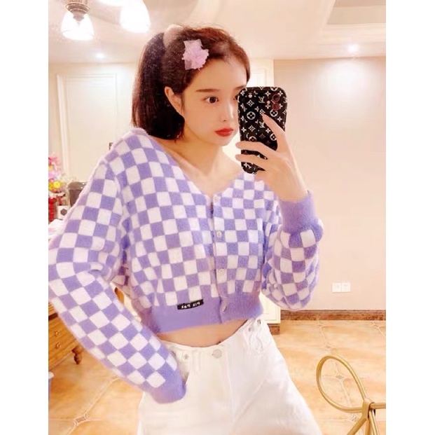 Áo ca rô lông tím dài tay CÚC TỊNH Y phong cách ulzzang SAM SAM BOUTIQUE