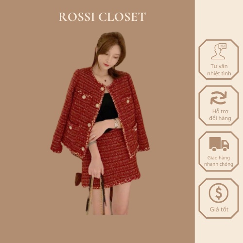 Set dạ tweed màu đỏ mận cúc đồng phong cách sang chảnh thu đông 2021_ hàng ORDER