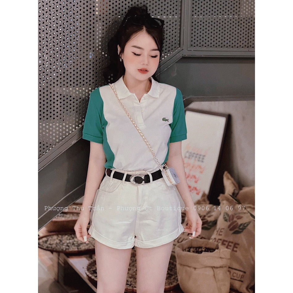 Áo thun polo Lacoste trắng kẻ xanh unisex nam nữ chất cotton cá sấu đẹp