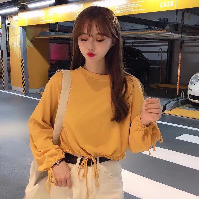 ÁO THUN CROPTOP RÚT DÂY TRƠN FORM RỘNG TAY DÀI ULZZANG - ÁO NHÓM CROP BASIC 5