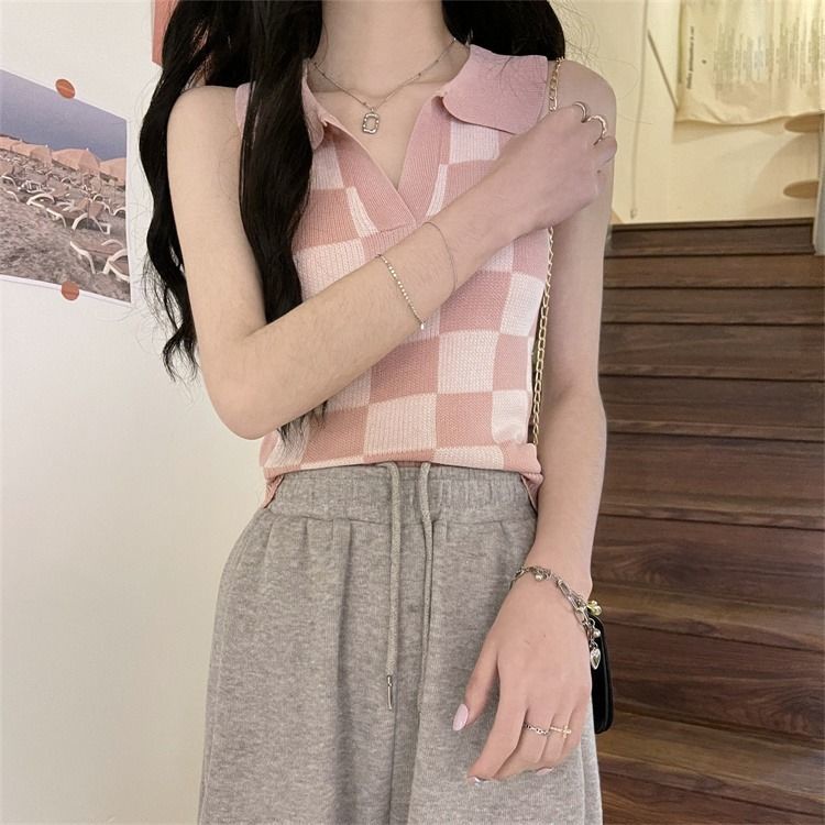 Áo Thun Polo Dệt Kim Kẻ Caro 185755 Áo Hai Dây Dáng Ôm Phong Cách Hàn Quốc Thời Trang Mùa Hè