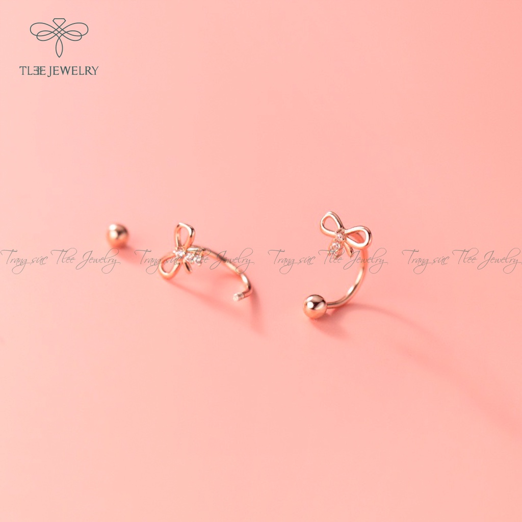 Khuyên tai bạc nữ TLEE nơ cong chốt vặn đính đá sang trọng NCJ B0103