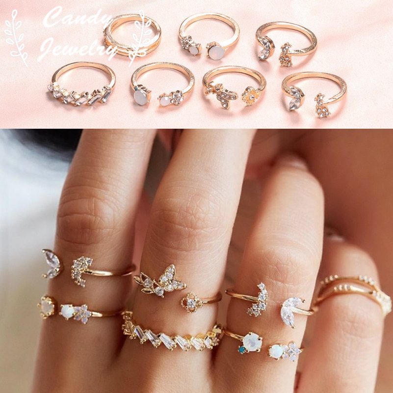 MANYUE Set 7 nhẫn đeo khớp ngón tay bằng kim loại đính đá phong cách retro sang trọng