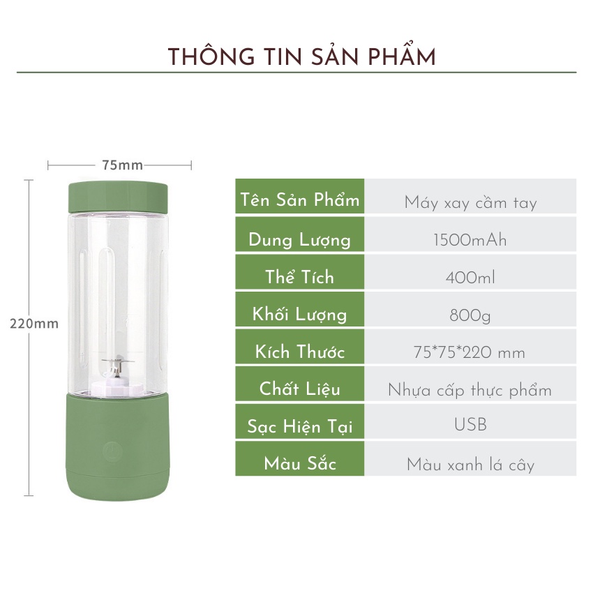 [Mã ELHA22 giảm 5% đơn 300K] [Hỏa Tốc HCM] Máy Xay Xinh Tố Cầm Tay 400ml Màu Xanh Sạc Pin USB Mang Đi