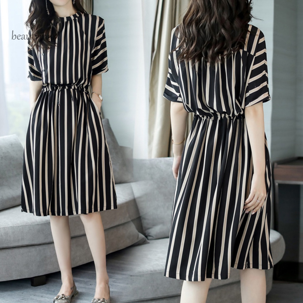 Đầm Dài Ngang Gối In Họa Tiết Sọc Đơn Giản Thoải Mái Thời Trang Mùa Hè Cho Nữ beautymartm1