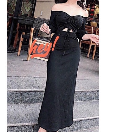 đầm kiểu trễ vai rút dây ngực có mút hở eo xinh dáng dài maxi l chất gân