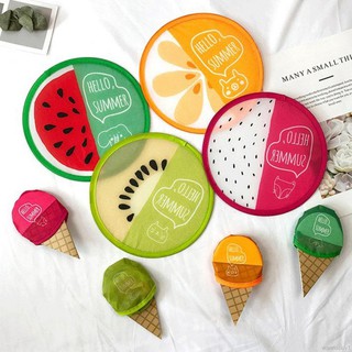 Quạt cầm tay hình tròn dạng gập họa tiết kem trái cây hoạt hình di động mùa hè