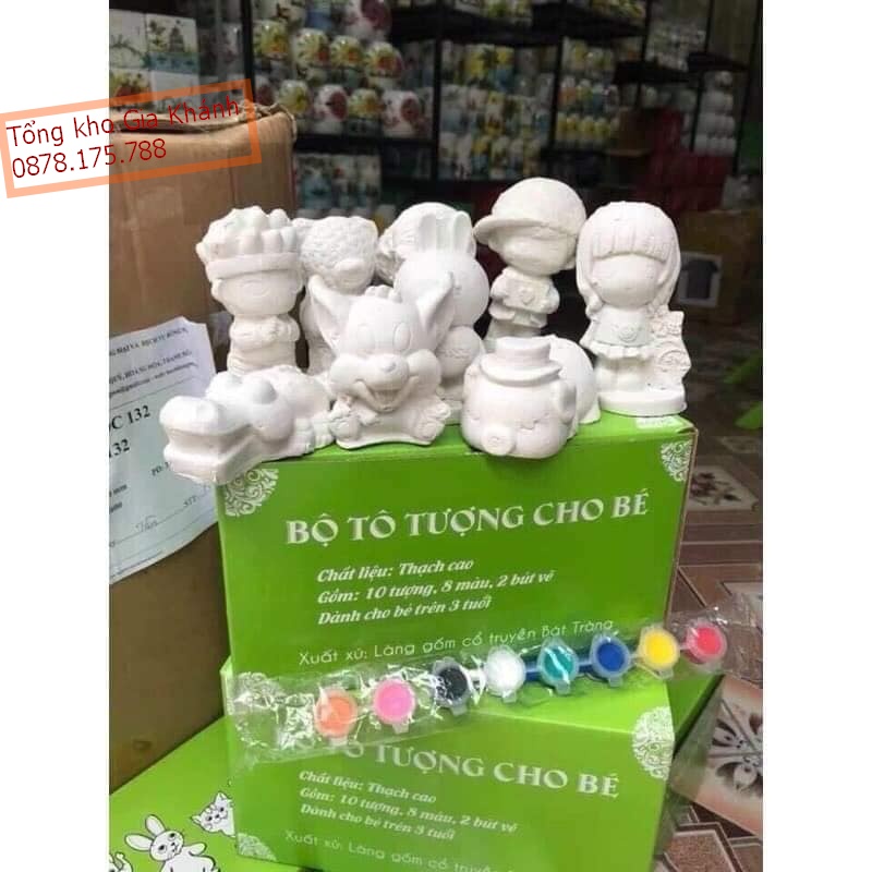 Bộ Tô Tượng Cho Bé, Tượng Thạch Cao gốm sứ Bát Tràng combo 10 mẫu (7-9cm) tặng bộ màu, vỉ, cọ cho bé khám phá