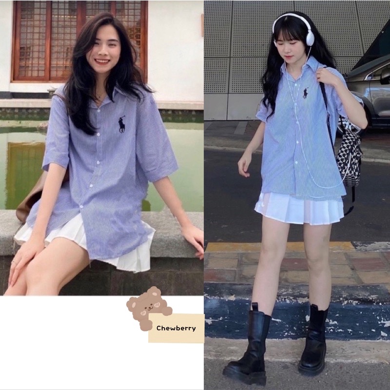 Áo Sơ Mi Kẻ Thêu Ngựa Bên Ngực Chất Đũi Xốp Phong Cách Hàn Quốc
