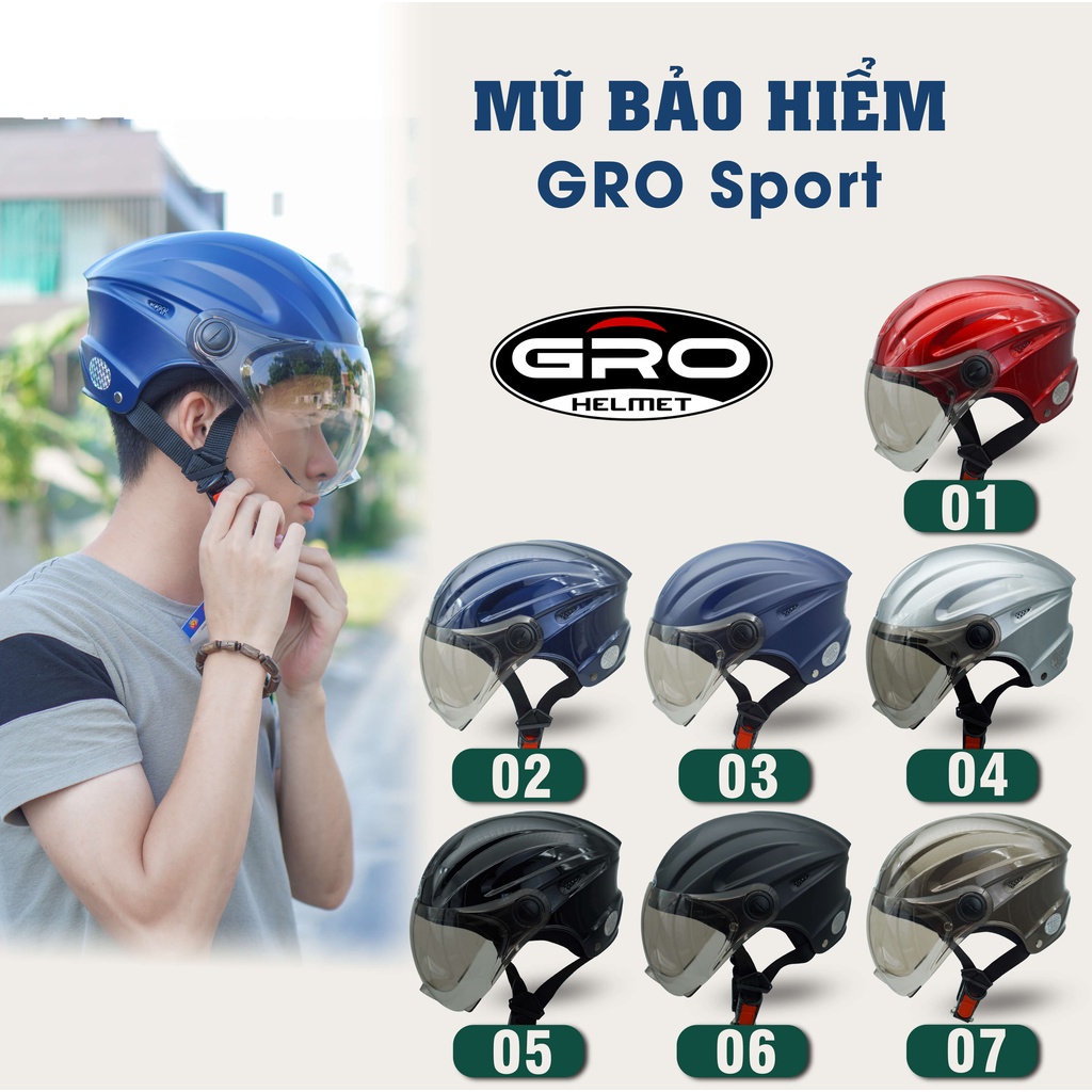 Mũ Bảo Hiểm Nửa Đầu GRO Helmet có kính, kiểu dáng thể thao cho nam và nữ, khóa kim loại chắc chắn - Nhiều màu