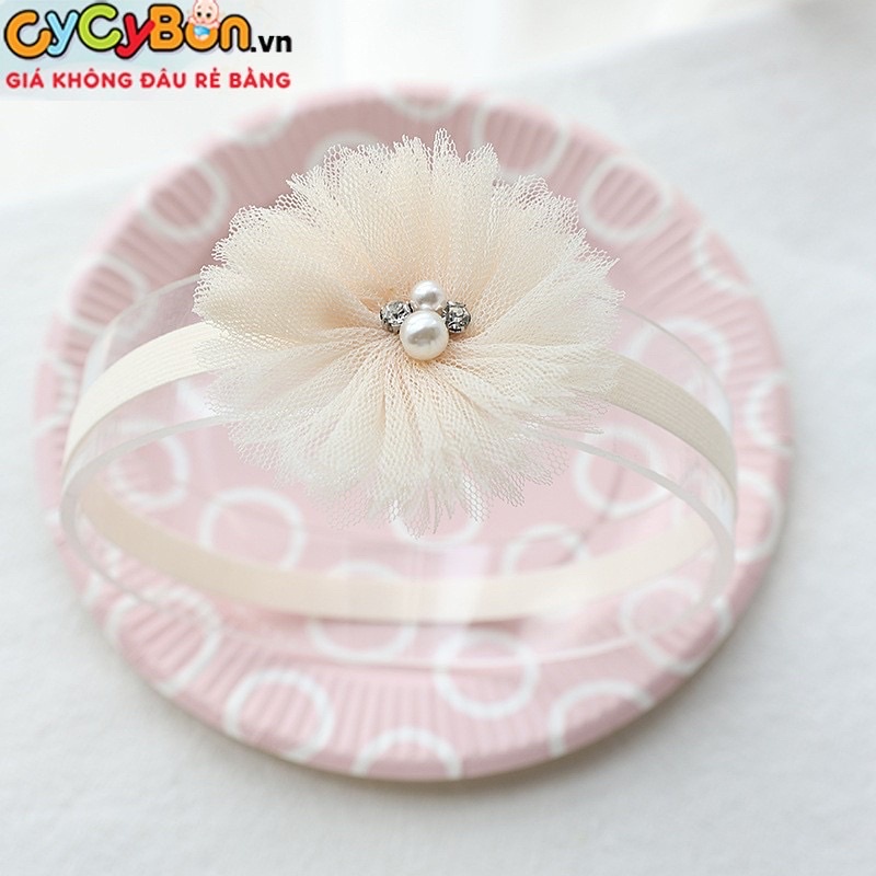 Băng Đô Turban Thun Cho Bé Gái Màu Kem Bông Ren Đính Đá Siêu Xinh
