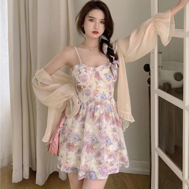 Bộ áo khoác cardigan + đầm hai dây họa tiết hoa thời trang mùa hè 2022 cho nữ (có bán lẻ)