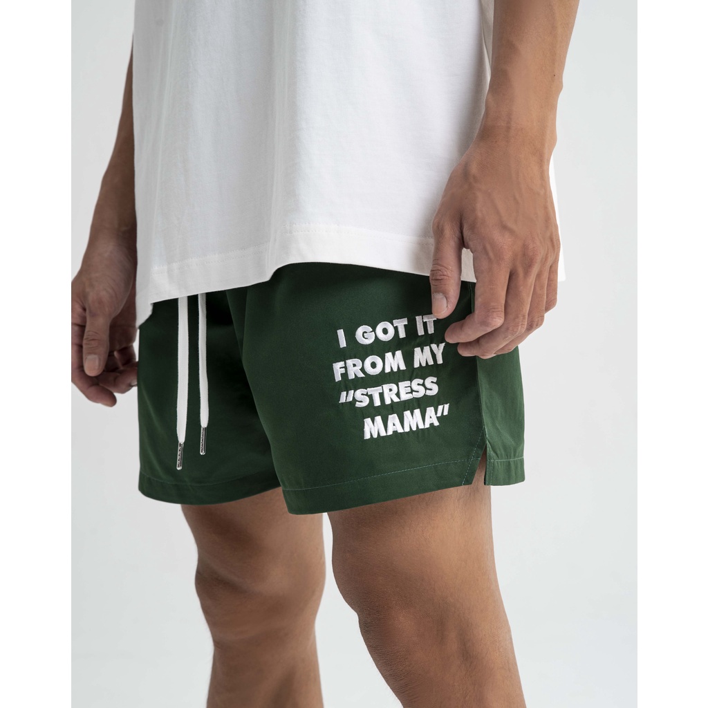 Stressmama Quần shorts IGIFMS SHORTS V2 màu xanh lá chất liệu 100% Polyester form trên gối, hoa tiết thêu Local Brand
