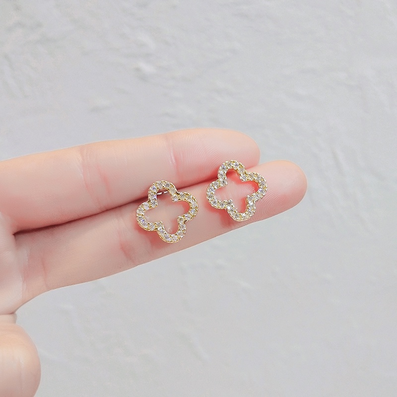 Khuyên tai JIUDUOLAN dạng kẹp/ xỏ kiểu cỏ bốn lá rỗng đính đá nhân tạo toàn diện thời trang Hàn Quốc thanh lịch cho nữ