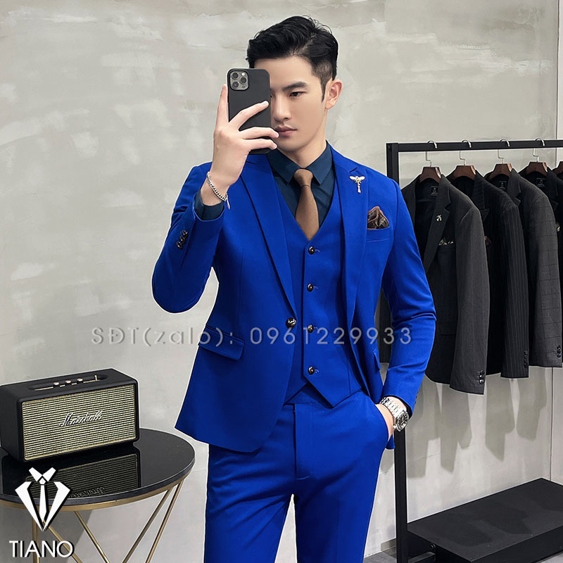 Bộ Vest nam form ôm body màu Xanh Coban chất vải dày mịn co giãn nhẹ, form ôm đẹp. Suit Nam Cao Cấp - TIANO STORE