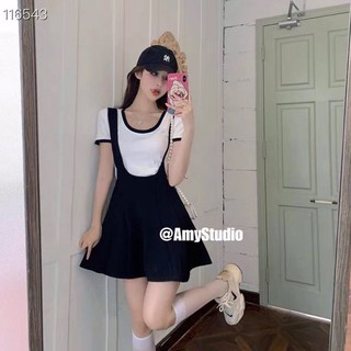 Set Áo Thun Tay Ngắn Cổ Tròn + Đầm Yếm Lưng Cao Cột Dây Màu Sắc Thời Trang Mùa Hè Cho Nữ