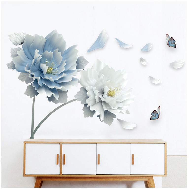 Decal dán tường trang trí - Hoa trắng xanh cùng bướm
