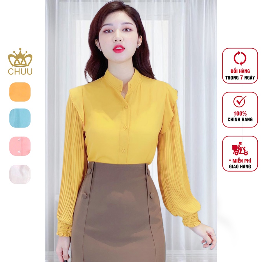 Áo sơ mi nữ xếp li tay dài cổ trụ công sở CHUU A6843