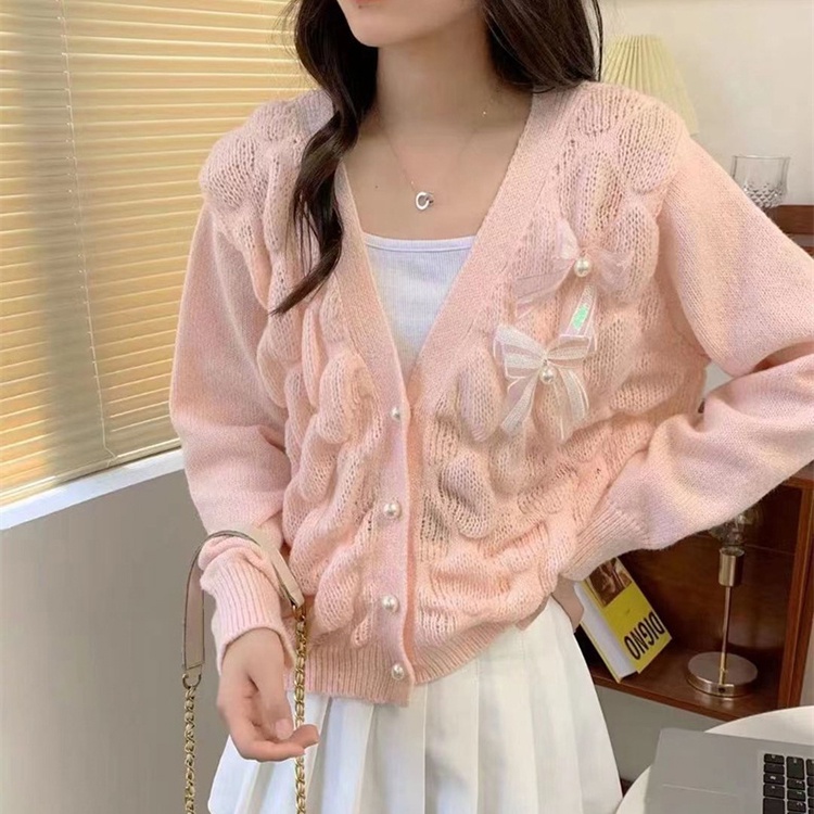 Áo dệt kim IELGY tay dài dáng rộng cổ chữ V phối thắt nơ xinh xắn cho nữ