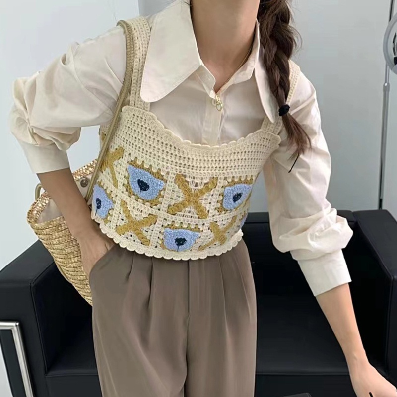 Áo Hai Dây Đan Móc xiangbao Thêu Họa Tiết Chú Gấu Dễ Thương Thời Trang Cho Nữ