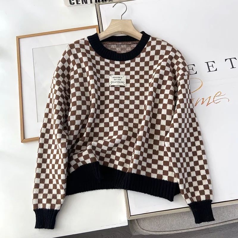 Áo Sweater Dệt Kim Tay Dài Cổ Tròn Màu Sắc Tương Phản Phong Cách Hàn Quốc Thời Trang Thu Đông Cho Nữ