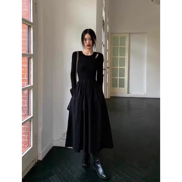 Đầm dài tay chân váy xoè cutout vai