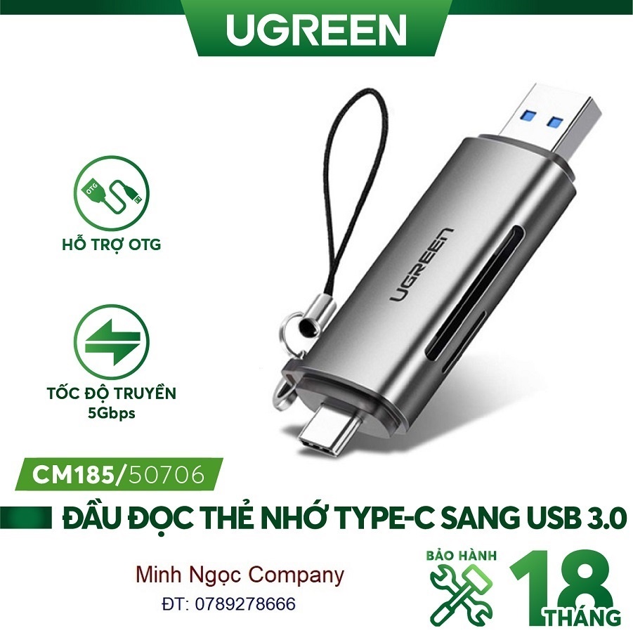 Đầu đọc thẻ nhớ SD/TF chuẩn USB Type C và USB 3.0 Ugreen - Hàng chính hãng