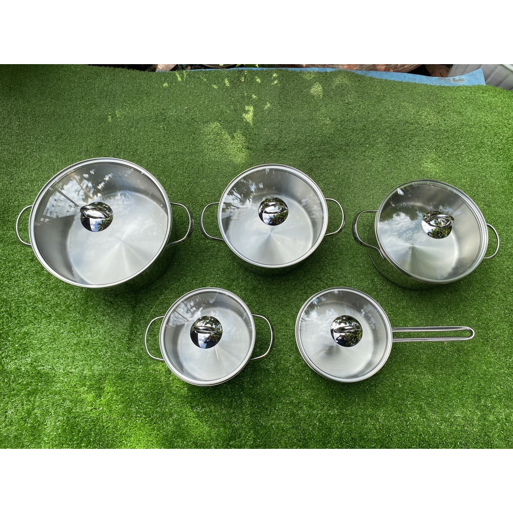 BỘ NỒI BE-HOME 3 ĐÁY 5 MÓN VUNG KÍNH INOX 304 [ CHUẨN XUẤT KHẨU ]